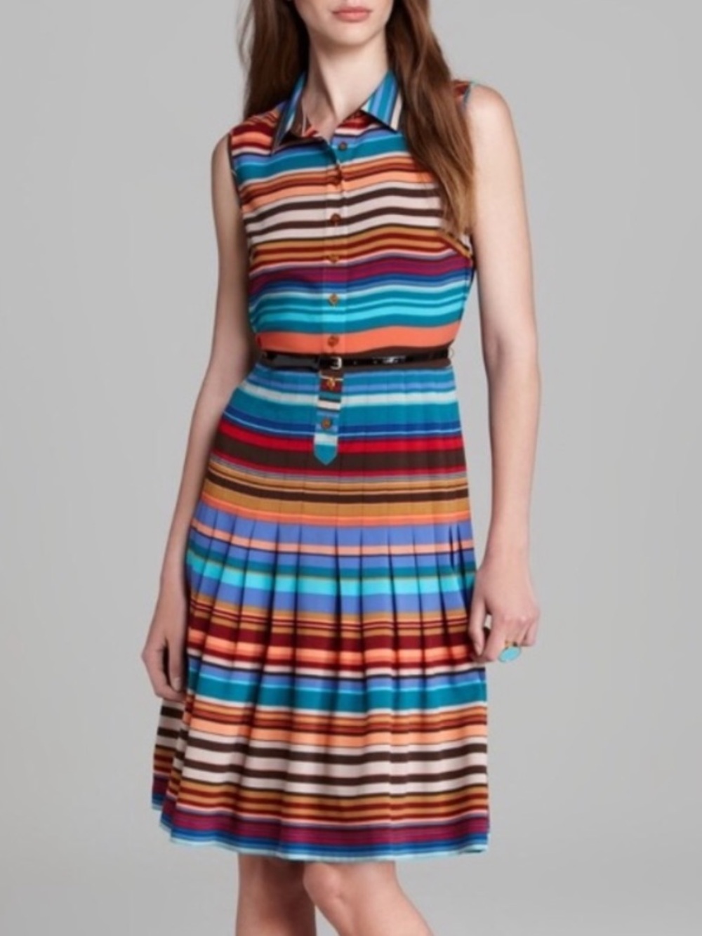 🆕CALVIN KLEIN Multicolor Belted Striped Pleated Sleeveless Shirt Dress Size 8
